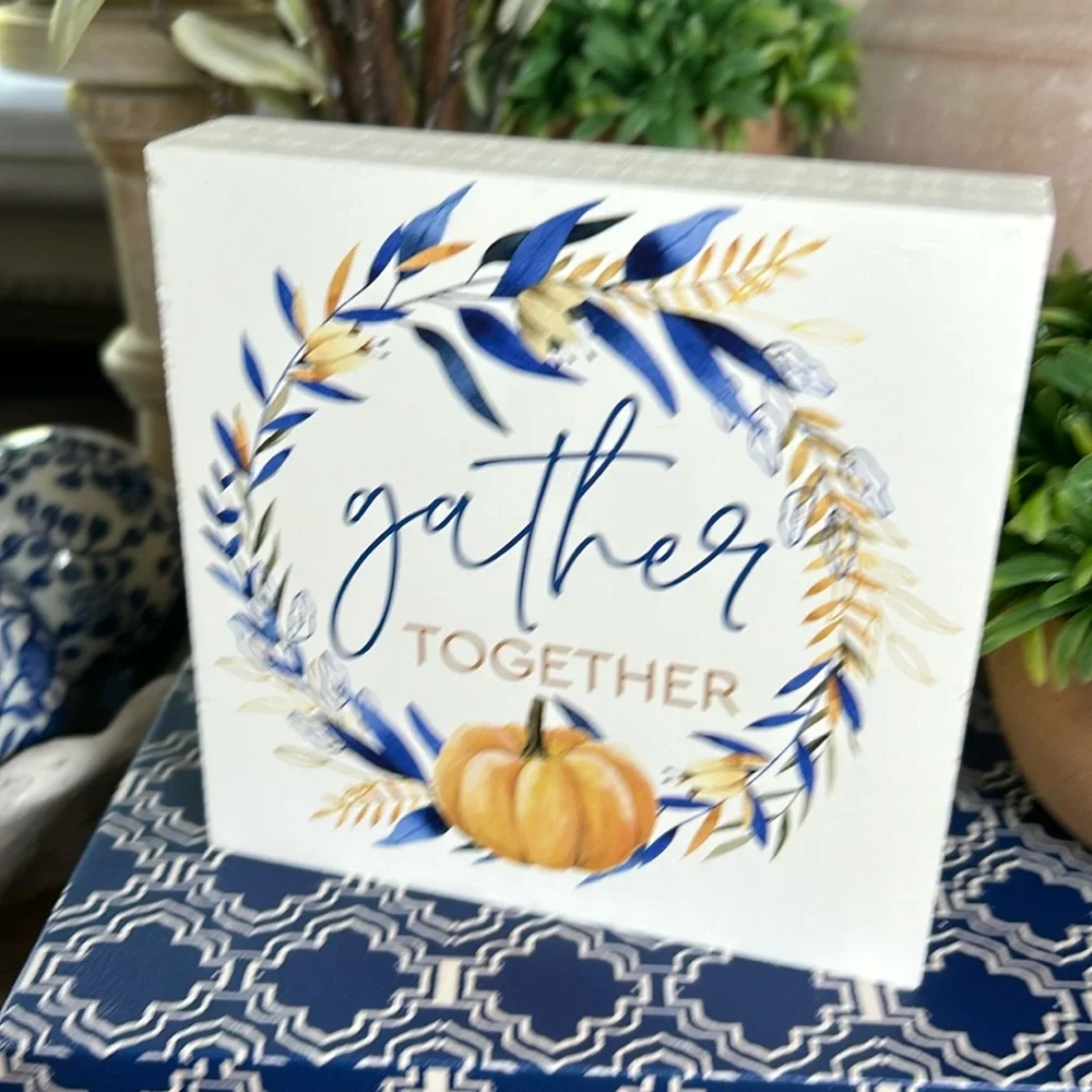 NEW! Fall Autumn Harvest Cottage Gather Together Pumpkin & Wheat Wood Sign
